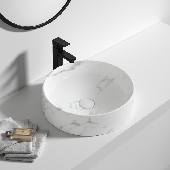 370*370*130mm Bathroom Round Carrara White Above Counter Ceramic Wash Basin